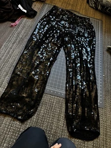 Alfani Vintage Y2K Damenhose schwarz Pailletten weites Bein 12 Rave Disco Neujahr - Bild 1 von 5