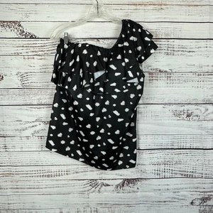Women Lane Bryant Cacique Swim Tankini Top One Shoulder Ruffle Black White 16 - Picture 1 of 6