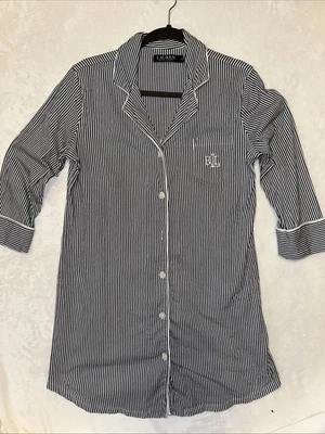 Camisa de dormir Lauren Ralph Laueren preta etiqueta azul marinho listrada branca malha de algodão pequena - Imagem 1 de 4