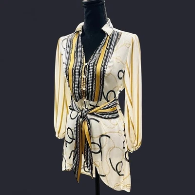 Gold Preppy Italian Luxury Indie Sleaze Satin Tunic Button Down Cato Blouse XS - Image 1 of 4