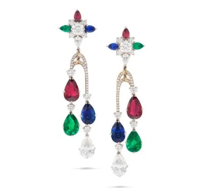 Teardrop Colorful Gemstones With Lab-Created Diamonds Drop-Dangle Fine Earrings - Image 1 of 4