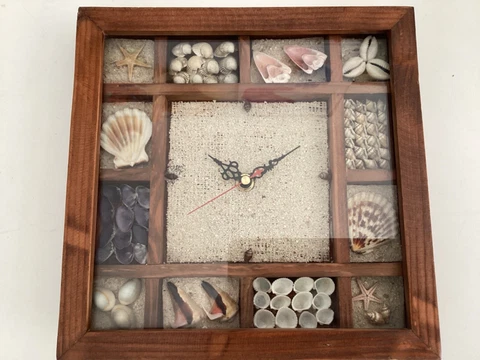 Vtg Seashell Wall Clock Nautical Square Beach Sea Shells  10" Works Cover