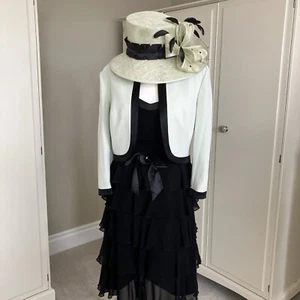 LADIES BLACK & EAU DE NIL JACKET & TIERD FRILL DRESS BY CONDICI SIZE 12 PLUS HAT - Picture 1 of 15