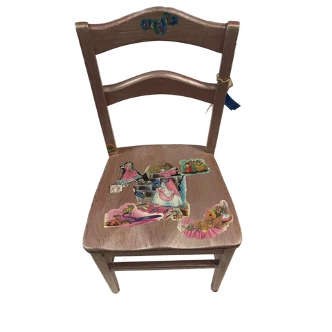 Decoupage Solid Wood Youth Vintage Chair With Princess Design Pink Paint Crafted Cover