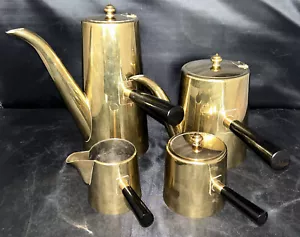 Mid Century Modern Coffee & Tea Pots Sugar Creamer Serving Set Brass Finish - Picture 1 of 10