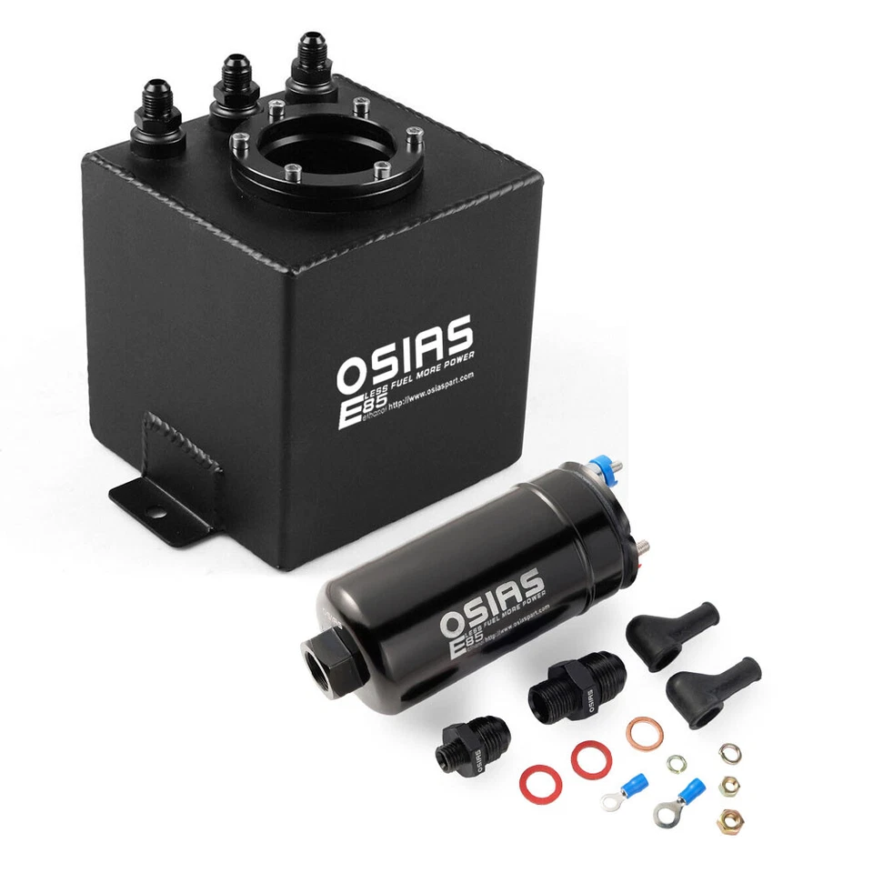 044 External Fuel Pump + 2L Black Aluminum High Flow Swirl Fuel Surge Tank AN6 Foto 1 de 4