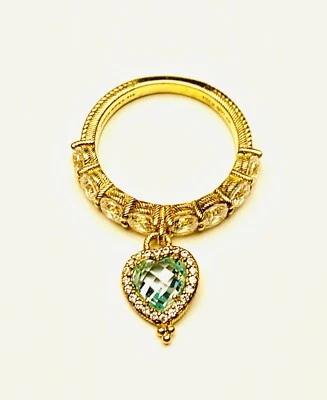 Judith Ripka 14k Yellow Gold 925 Sterling Aquamarine CZ Heart Dangle Ring Size 8 - Image 1 of 4