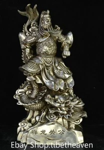 12.4" Rare Old China Silver Feng Shui Guan Gong Yu Dragon Lucky Statue - Picture 1 of 13