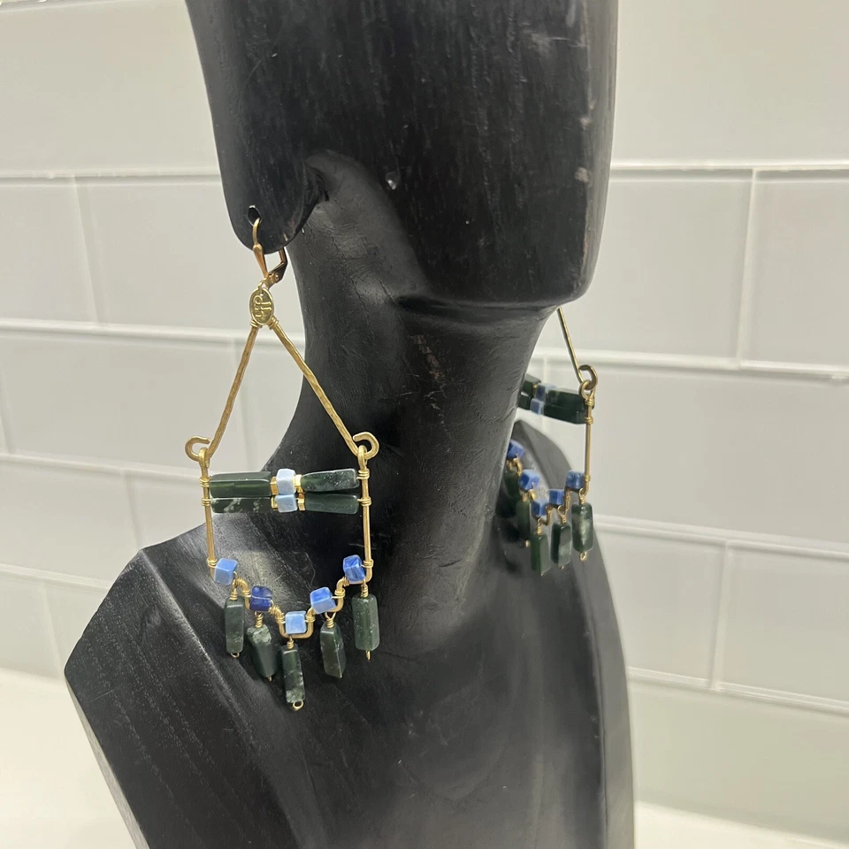 Pendientes Anthropologie GRAND DECO Macizo Jade Lapislázuli Alambre Latón Declaración Foto 1 de 4