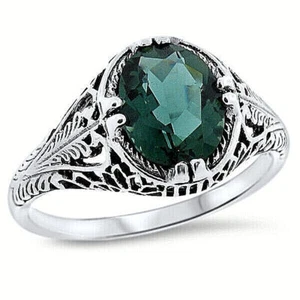 VINTAGE STYLE 925 STERLING SILVER SIMULATED 1.60 CT EMERALD FILIGREE RING   #770 - Picture 1 of 2