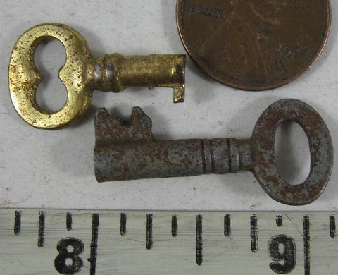 2 Small Antique Hollow Barrel Cabinet Padlock Keys Cover