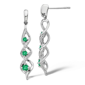 10K Solid White Gold Diamond Emerald 3 Stone Post Dangle Earrings - Picture 1 of 6