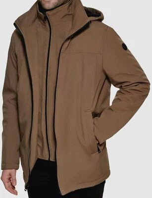 $252 Calvin Klein Men's Brown Hooded Stretch Full-Zip Fleece Bib Coat Jacket M - Image 1 of 4