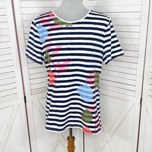 T-shirt Talbots donna grande blu bianca multi righe stampa tulipano manica corta - Foto 1 di 12