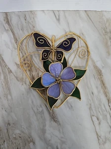 Lila Schmetterling irisierend lila Blume Metall Herz Buntglas Sonnenfänger  - Bild 1 von 9