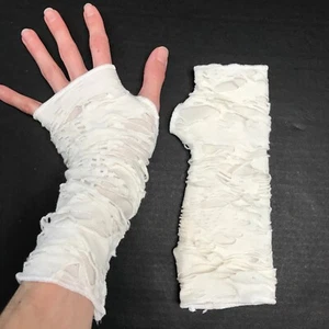 White Mummy Gloves Mens Hand Covers Bandage Arm Covers Ghost Zombie Ripped Biker - Picture 1 of 5