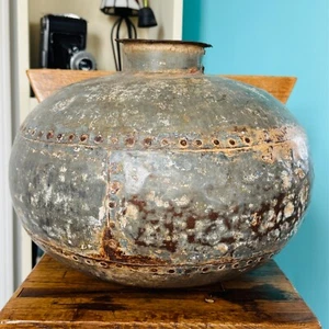 Vintage Rustic Original Indian Riveted Metal Water Vessel Pot Centrepiece Vase - Picture 1 of 10