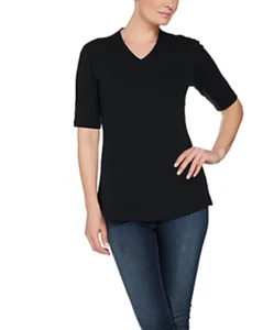 Isaac Mizrahi Live! - Essentials V-Neck Elbow Sleeve Tunic Shirt - Black - XXS - Picture 1 of 2