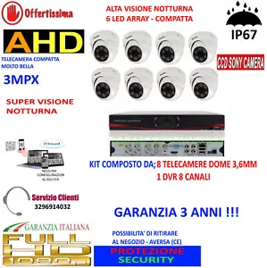 KIT VIDEOSORVEGLIANZA IP CLOUD DVR 8 CH 8 TELECAMERE DOME AHD 3MP 6 LED ARRAY - Foto 1 di 3