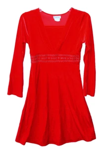 Girls Holiday Party Christmas Red Dress sz 14.5 Velvet Beaded Waist long sleeve - Picture 1 of 12