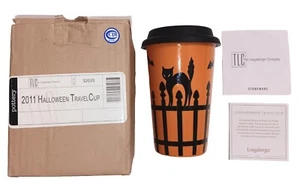 Taza de viaje Longaberger cerámica naranja gato negro Halloween frío caliente 32033 nueva en caja - Imagen 1 de 10