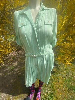 VTG 40s 50s WOMENS GABARDINE GREEN WHITE STRIPE BUTTON BELTED DRESS - Image 1 of 4