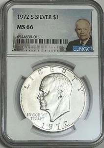 1972 S $1 NGC MS66 Silver Eisenhower Dollar Mint State Ike 40% Portrait Label - Picture 1 of 3