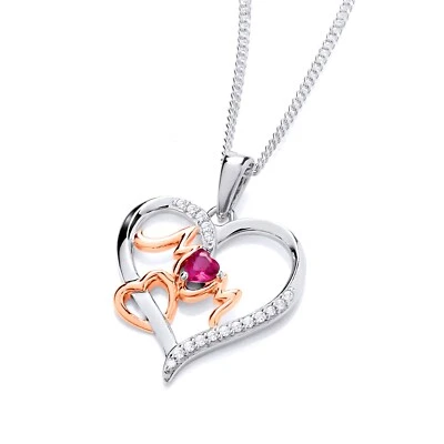 Sterling Silver 925 & Rose Gold simulated RUBY Mum Heart Pendant Necklace Chain - Image 1 of 4