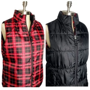 Merona Puffer Vest Womens Size M Reversible Red Tartan Plaid Black Full Zip - Picture 1 of 8