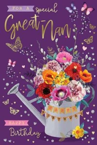 Gran tarjeta de cumpleaños Nan - regadera flores y mariposas - envío y devolución gratuitos en el Reino Unido - Imagen 1 de 2