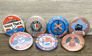Sieben (7) Lionel Trains Inside Track Tin RR Pin Back Buttons 1989 bis 1995. - Bild 1 von 13