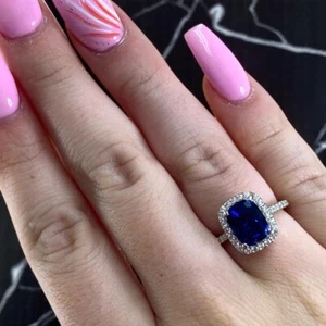 Alianza de boda zafiro azul 3,70 quilates corte cojín laboratorio diamante cultivado platino 950 - Imagen 1 de 15