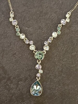 Givenchy Clear Crystal Aurora Borealis Y Necklace Blue Green Rhodium Plate - Image 1 of 4