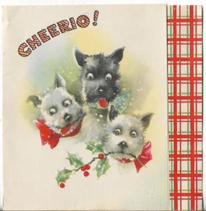 Vtg ART DECO Christmas CARD 4.5x4.5 Cheerio! Three Puppies Bow Holly Plaid - Picture 1 of 3