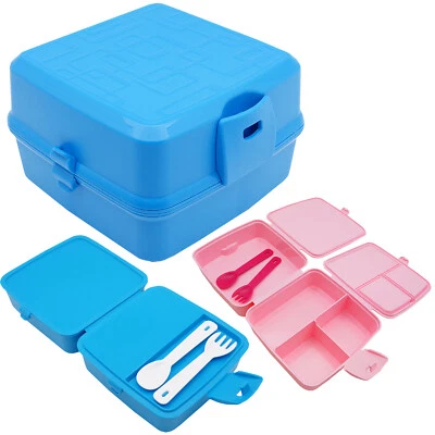 2x Brotbox mit Besteck 4 Fächer Kinder Lunchbox Brotdose Frühstück Snackbox Brot - Bild 1 von 4