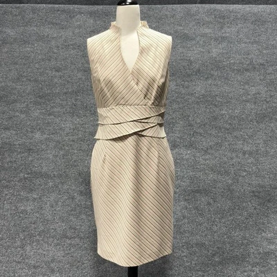 Vestido Kay Unger New York para mujer 8 beige a rayas funda cuello en V cóctel Foto 1 de 4