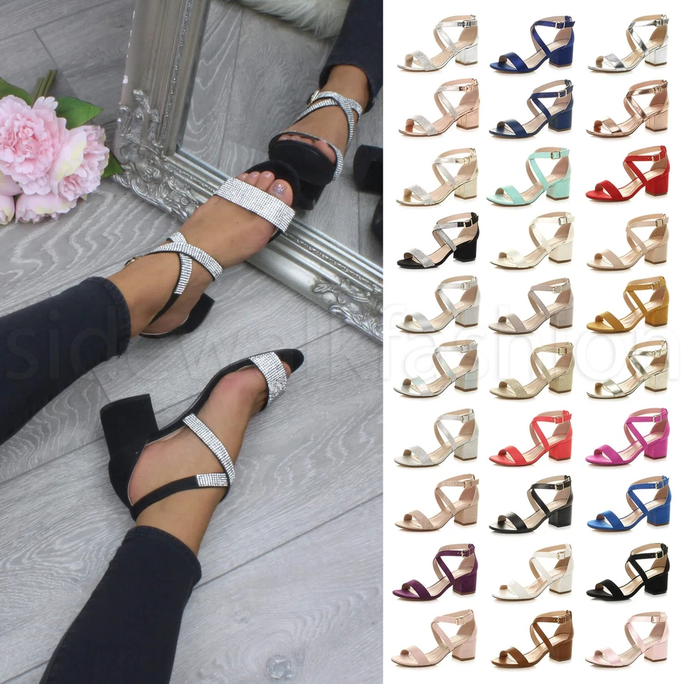 Womens ladies low mid chunky heel cross strappy summer holiday party sandals - Image 1 of 1