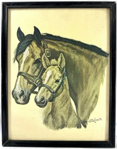 Stampa vintage Ole Larsen cavallo e puledro 9x11,5 incorniciata arte equestre litografia - Foto 1 di 6