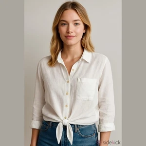 Schokolade adrette weiße Leinen Taille Tie-Front Button Down Hemd - Bild 1 von 10