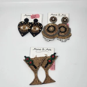 Anna & Ava Seed Bead Earrings Lot Martini Glasses Heart Eye Black Gold NWT - Picture 1 of 7