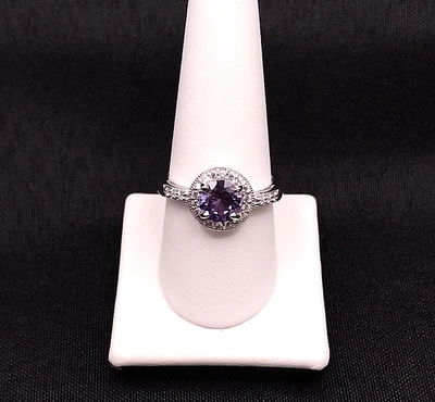 Round Colour Change Alexandrite & CZ Solid Sterling Silver Halo Engagement Ring - image 1 of 4