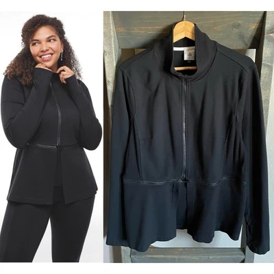 Chaqueta Cabi Convertible Elastizada Ponte Tejida Larga Negra Cremallera Peplum 5655 Talla XL Foto 1 de 4