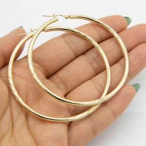 3mm X 65mm 2 1/2" Diamond Cut Shiny Plain Hoop Earrings Real 10K Yellow Gold - Picture 1 of 6