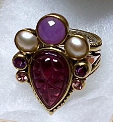 Anel esculpido em ametista, pérola e esmalte Echo of the Dreamer tamanho 8,5 com caixa de presente - Imagem 1 de 4