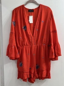 Sugarlips Women's Romper Medium Orange Blue Floral Embroidered NWT - Picture 1 of 11