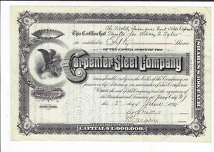 Certificado de acciones de Pennsylvania 1890 Carpenter Steel Company #72 - Imagen 1 de 2