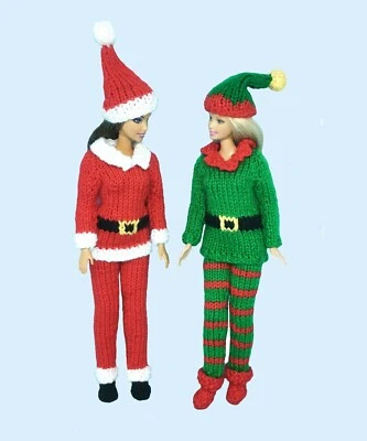 KNITTING PATTERN 222: SANTA AND ELF OUTFITS TO FIT BARBIE, 12" DOLL