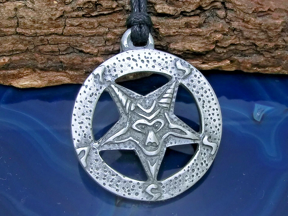 Pentagramm umgedreht Zinn Pewter Anhänger Kette Baphomet Drudenfuß mit Band - Bild 1 von 1