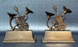 Vintage Bronze Musical Instrument Bookends - Trumpet, Violin, French Horn - Picture 1 of 5