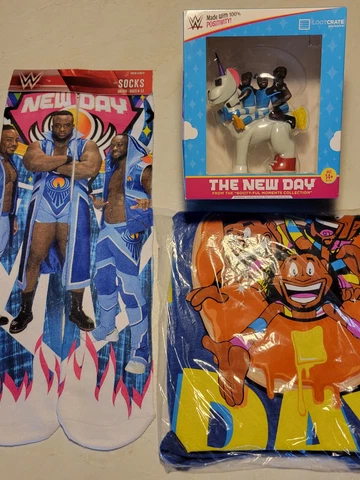 NWT's WWE New Day Rocks long sleeve shirt, fig, socks Big E, Kofi, Xavier Woods Cover